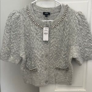 Express small Bejeweled Collar Cable Knit Cardigan - Light Gray